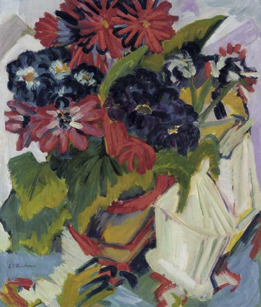 WikiOO.org - Enciklopedija dailės - Tapyba, meno kuriniai Ernst Ludwig Kirchner - Flower pot and sugar bowl, flowers