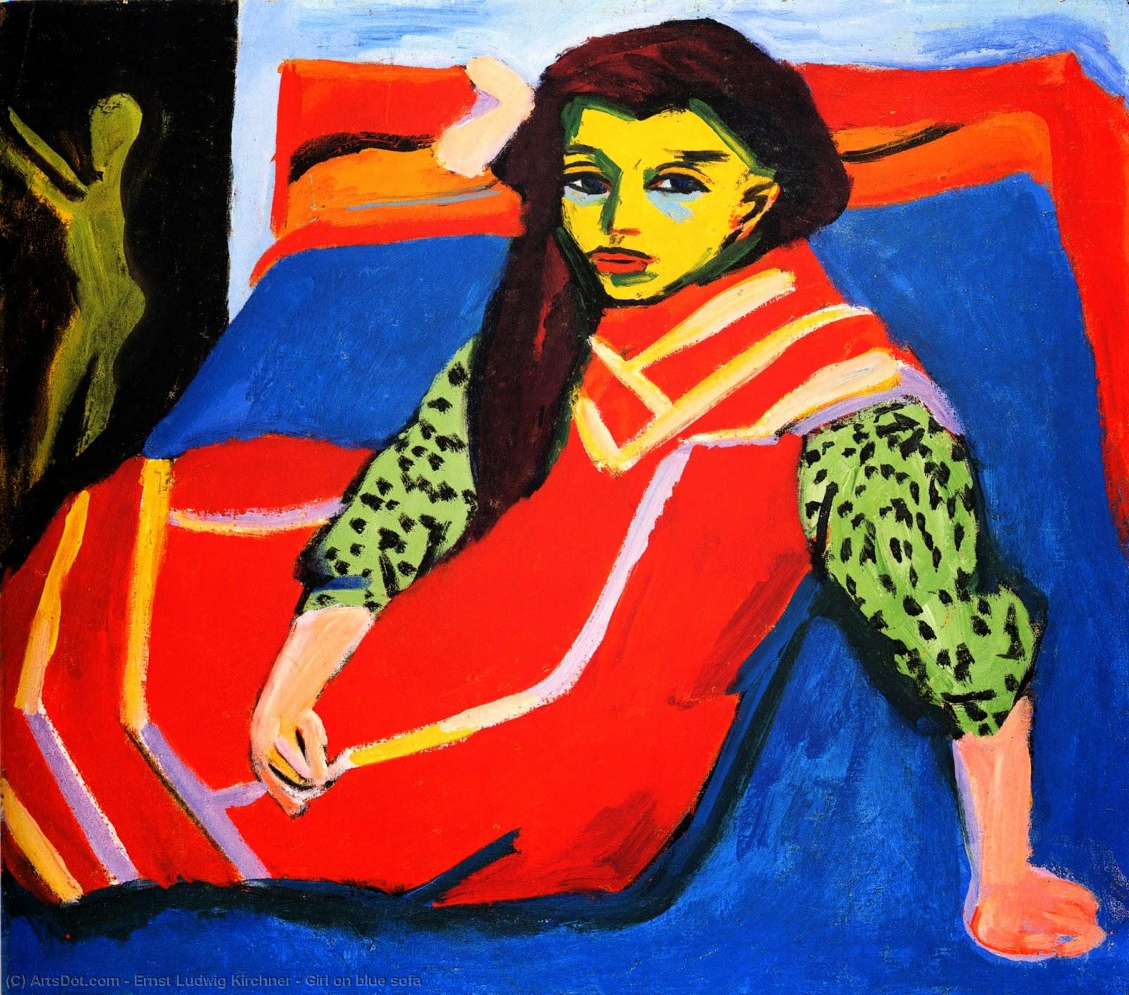 Wikioo.org – La Enciclopedia de las Bellas Artes - Pintura, Obras de arte de Ernst Ludwig Kirchner - chica on azul sofá