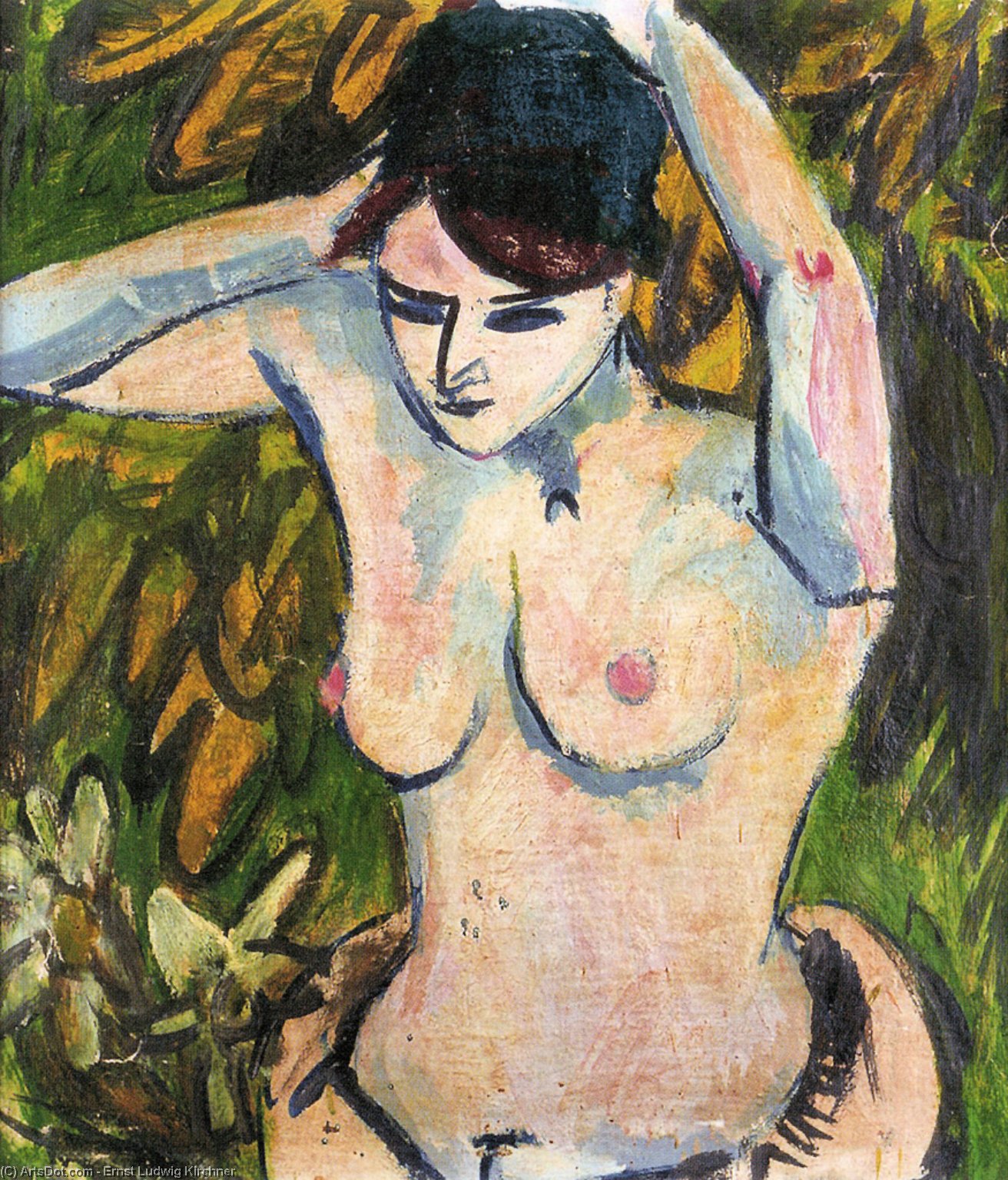 Wikioo.org - The Encyclopedia of Fine Arts - Painting, Artwork by Ernst Ludwig Kirchner - Half naked figure with arms raised