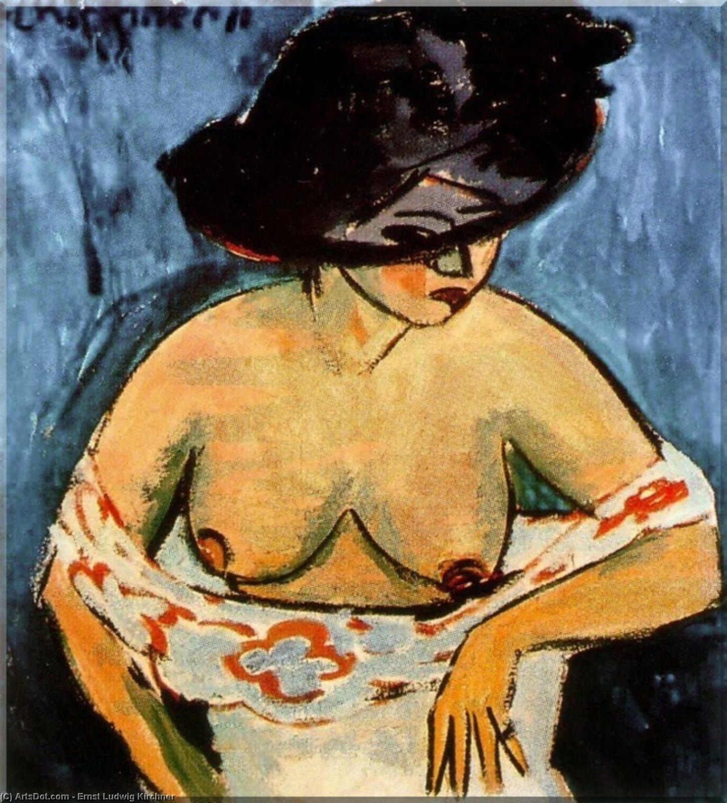 Wikioo.org – L'Enciclopedia delle Belle Arti - Pittura, Opere di Ernst Ludwig Kirchner - metà-nudo donna con cappello