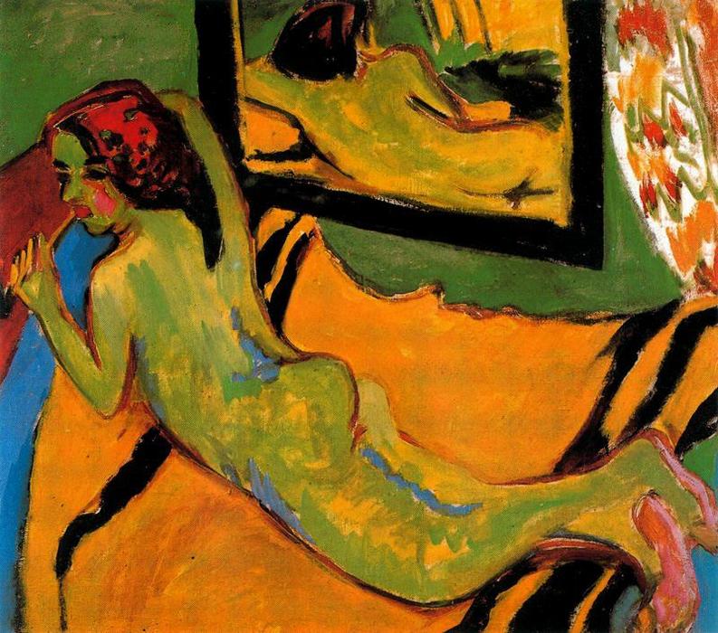 Wikioo.org - Die Enzyklopädie bildender Kunst - Malerei, Kunstwerk von Ernst Ludwig Kirchner - Liegender Akt an  vorne  von  der  spiegel