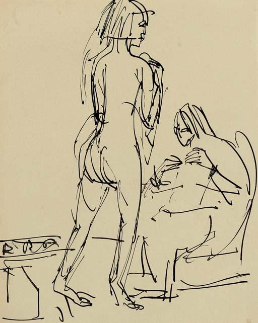 WikiOO.org - Encyclopedia of Fine Arts - Målning, konstverk Ernst Ludwig Kirchner - standing and sitting nudes in the studio