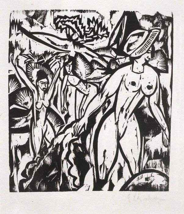Wikoo.org - موسوعة الفنون الجميلة - اللوحة، العمل الفني Ernst Ludwig Kirchner - Three bathers 1