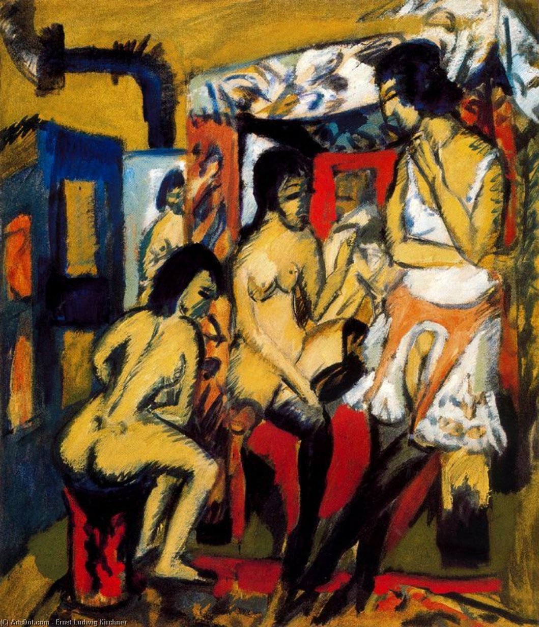Wikoo.org - موسوعة الفنون الجميلة - اللوحة، العمل الفني Ernst Ludwig Kirchner - Three Models (Nude in the studio)