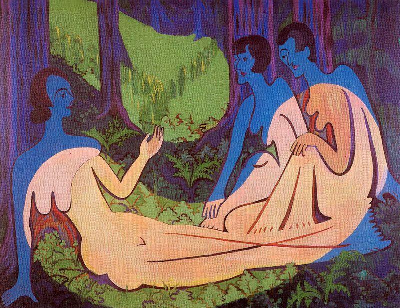 Wikioo.org – La Enciclopedia de las Bellas Artes - Pintura, Obras de arte de Ernst Ludwig Kirchner - tres desnudos en el `forrest`