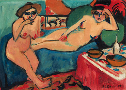 Wikioo.org - The Encyclopedia of Fine Arts - Painting, Artwork by Ernst Ludwig Kirchner - Two nudes on blue sofa 1