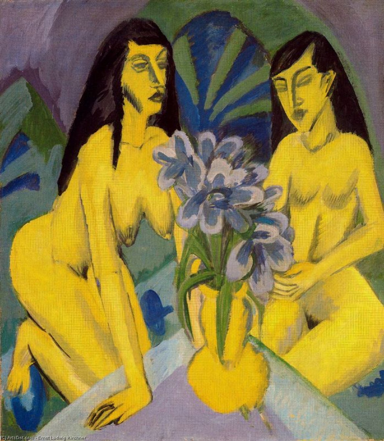 Wikioo.org – L'Encyclopédie des Beaux Arts - Peinture, Oeuvre de Ernst Ludwig Kirchner - deux nus avec fleurs jaunes