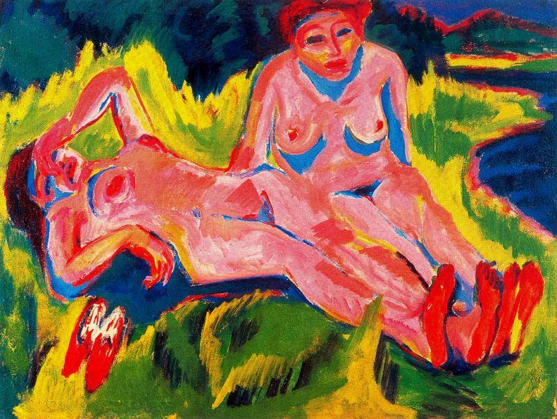Wikioo.org - The Encyclopedia of Fine Arts - Painting, Artwork by Ernst Ludwig Kirchner - Two pink nudes by the lake