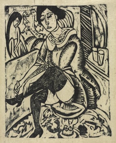 Wikoo.org - موسوعة الفنون الجميلة - اللوحة، العمل الفني Ernst Ludwig Kirchner - Woman Putting on Her Shoes