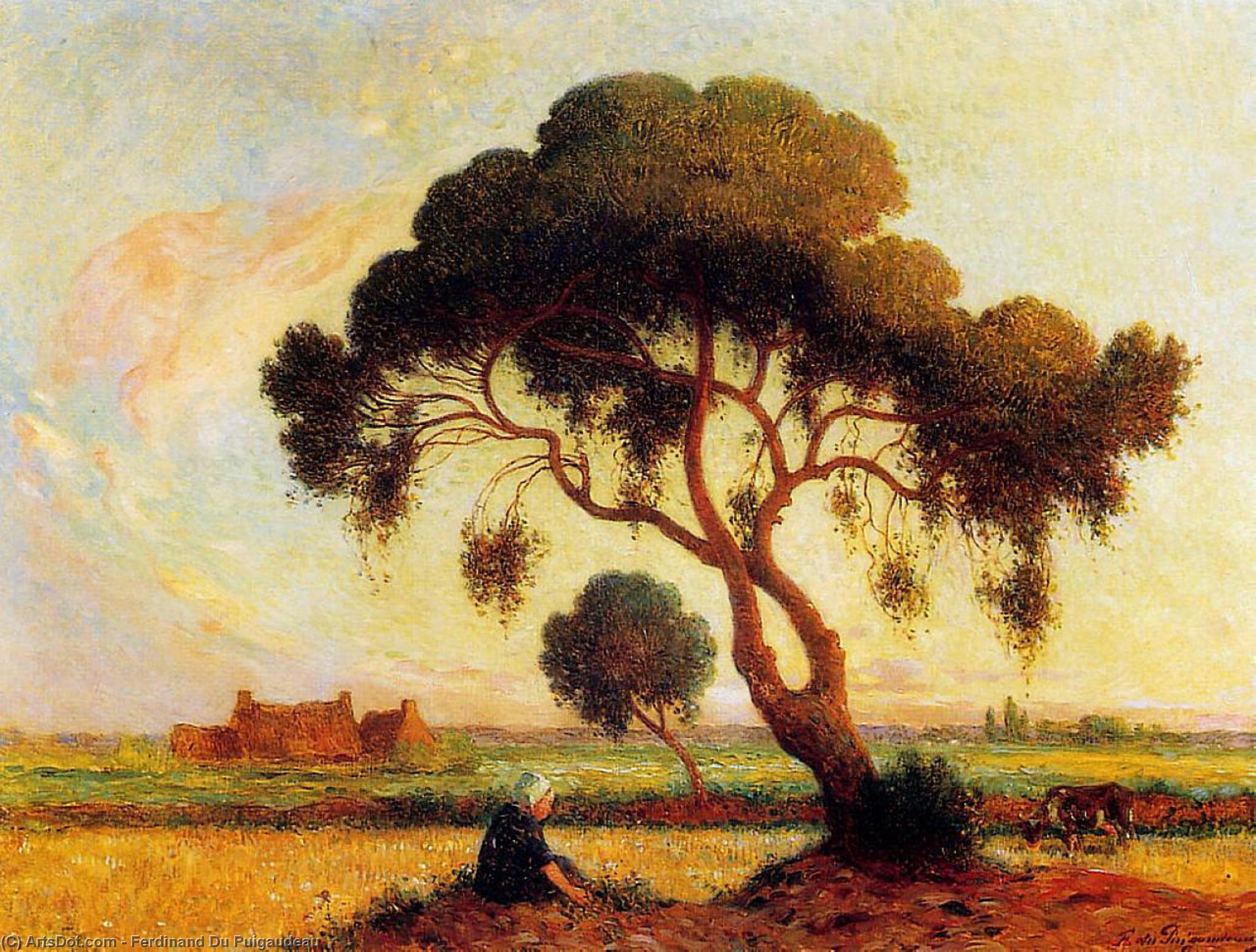 Wikioo.org - The Encyclopedia of Fine Arts - Painting, Artwork by Ferdinand Du Puigaudeau - Breton Woman Seated under a Large Tree