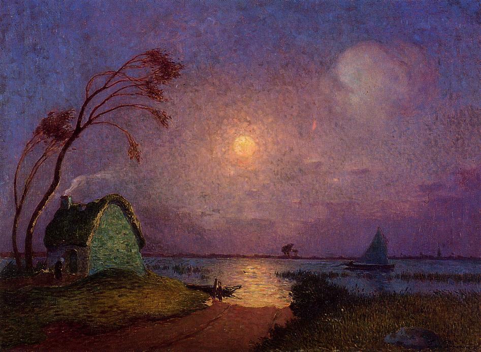 WikiOO.org - Encyclopedia of Fine Arts - Maleri, Artwork Ferdinand Du Puigaudeau - Cottage in the Moonlight in Briere