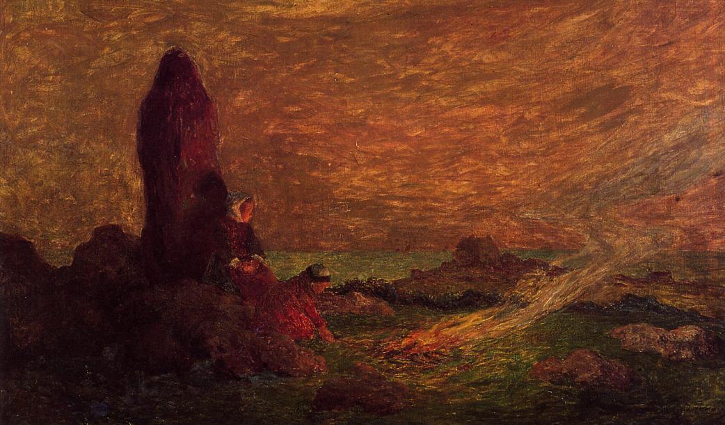 Wikioo.org - The Encyclopedia of Fine Arts - Painting, Artwork by Ferdinand Du Puigaudeau - Le Croisic, Girls at the Foot of a Standing Stone