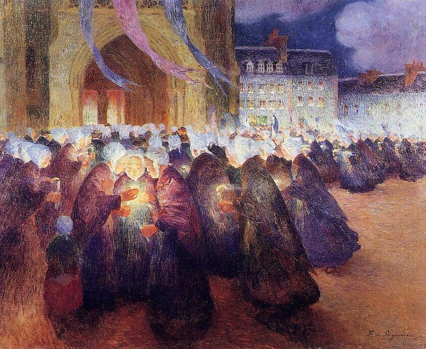WikiOO.org - Enciklopedija likovnih umjetnosti - Slikarstvo, umjetnička djela Ferdinand Du Puigaudeau - Nighttime Procession at Saint-Pol-de-Leon