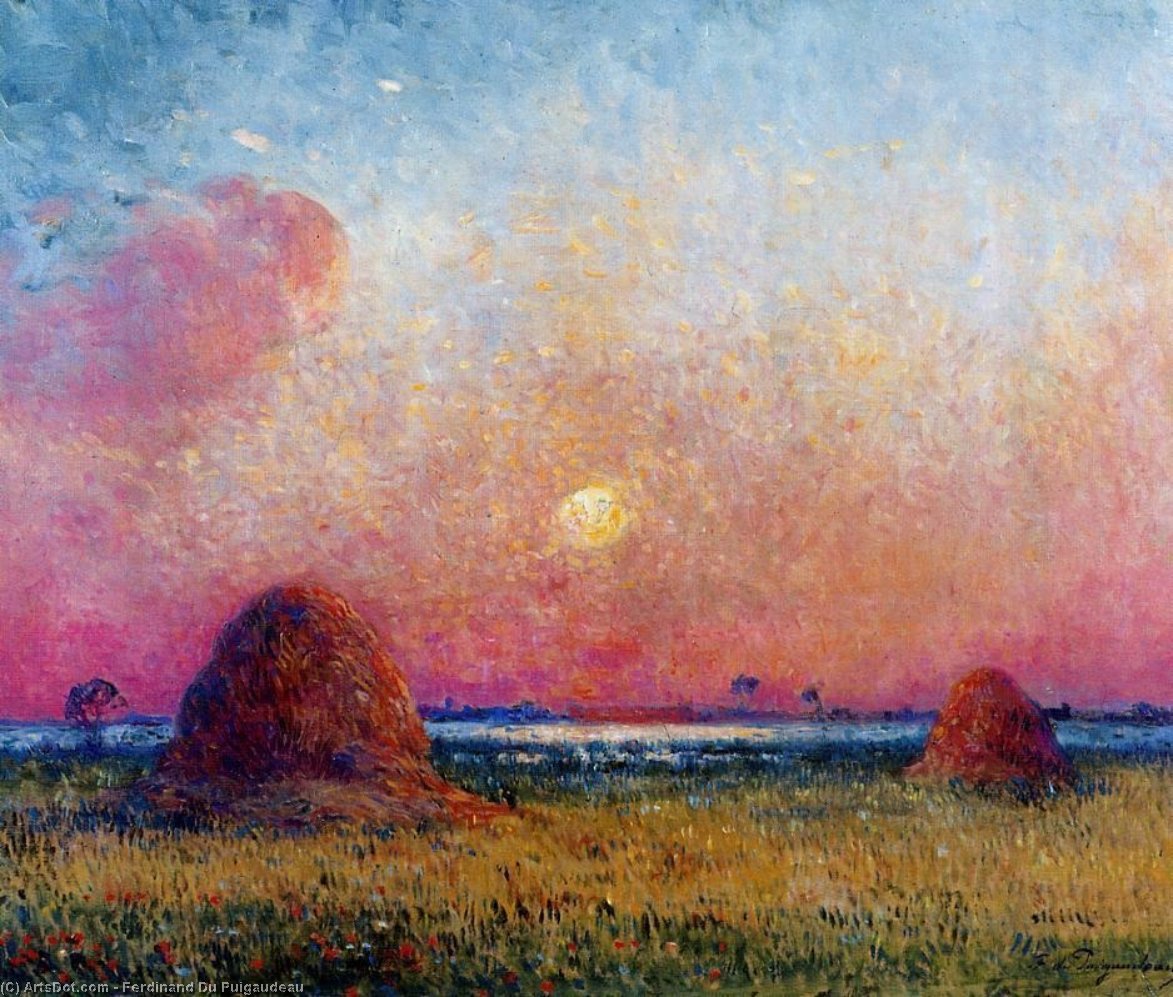 Wikioo.org - The Encyclopedia of Fine Arts - Painting, Artwork by Ferdinand Du Puigaudeau - Wheat Stack at Sunset