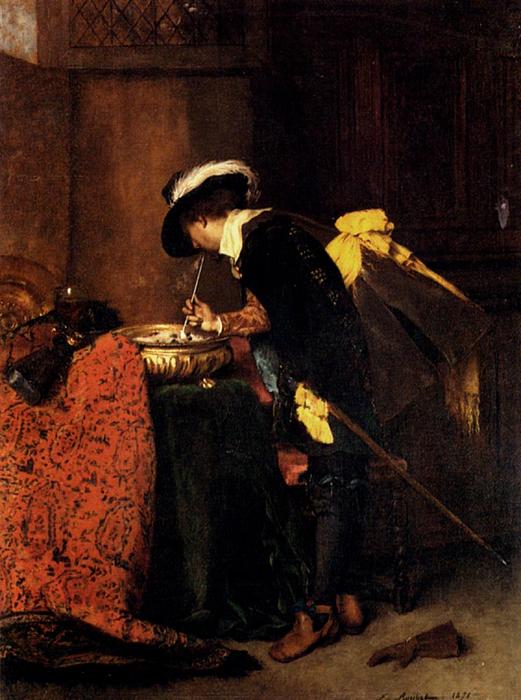 Wikioo.org - The Encyclopedia of Fine Arts - Painting, Artwork by Ferdinand Victor Léon Roybet - A Cavalier Lighting A Pipe