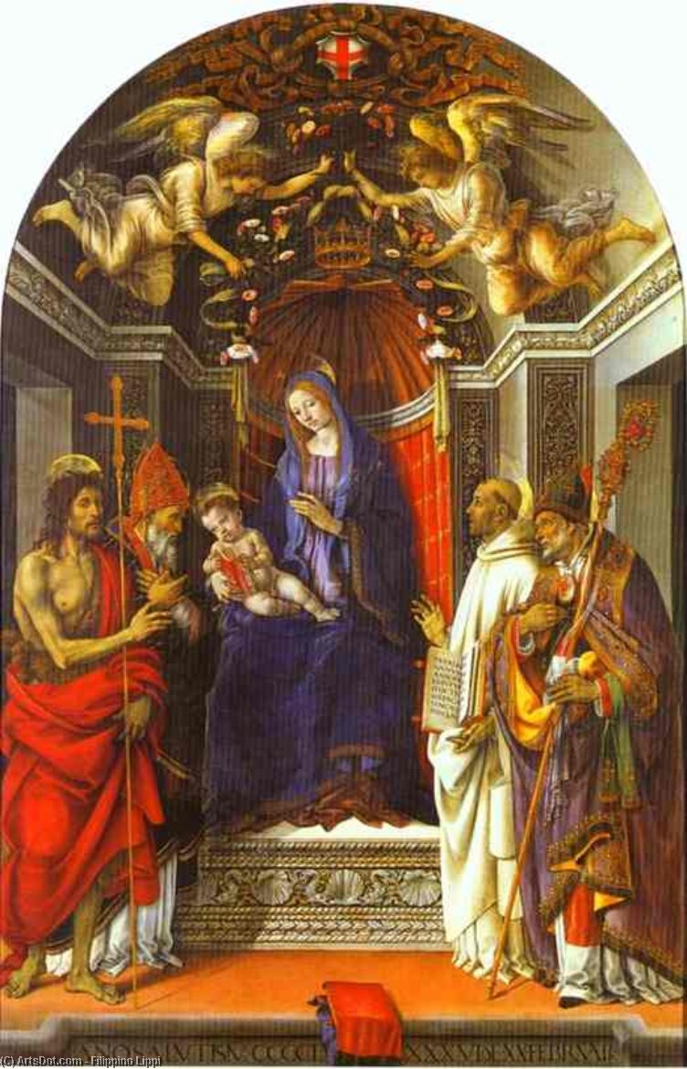 Wikioo.org - The Encyclopedia of Fine Arts - Painting, Artwork by Filippino Lippi - Madonna and Child Enthroned with St John the Baptist, St Victor, St Bernard and St Zenobius