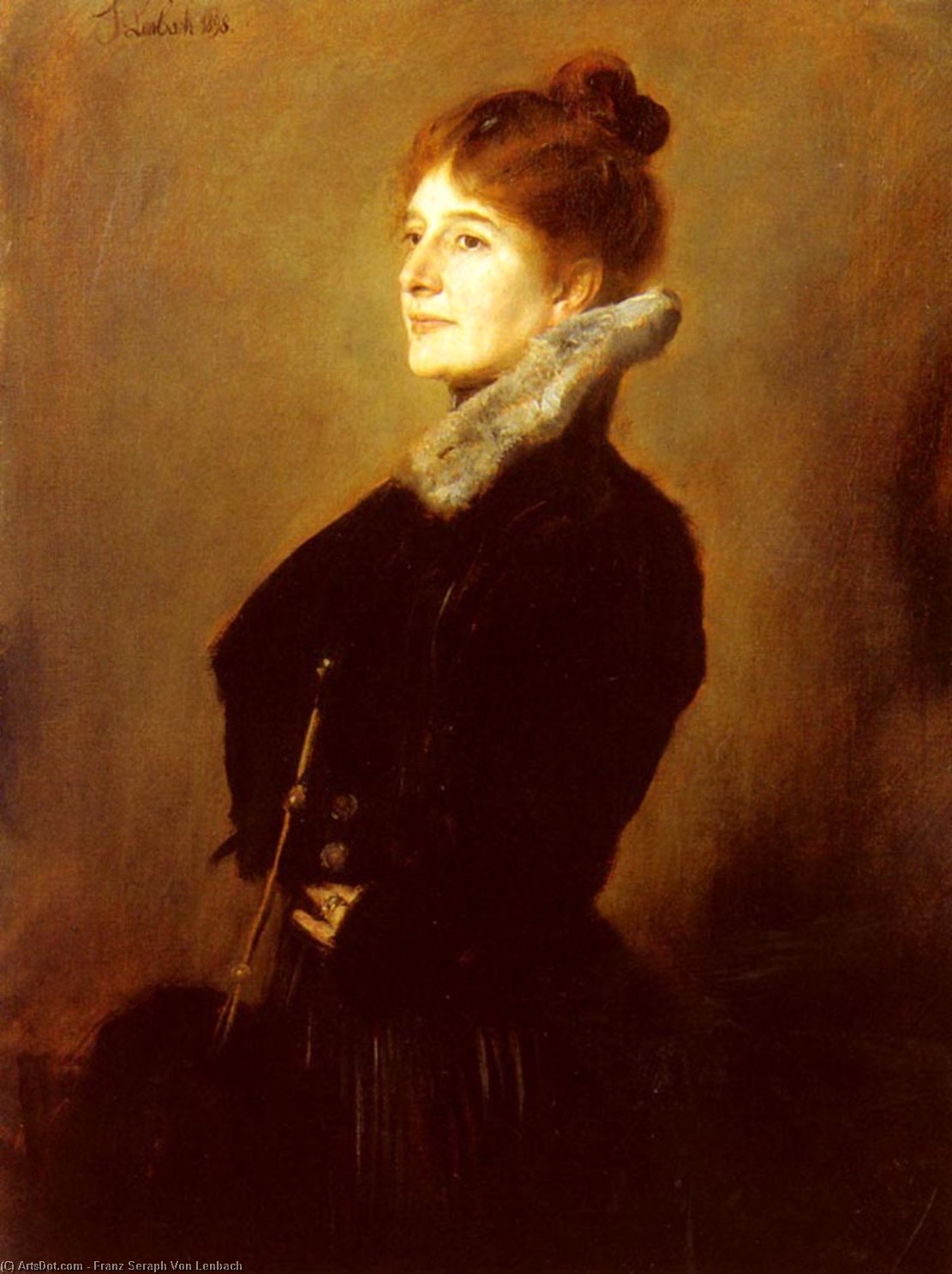 Wikioo.org - The Encyclopedia of Fine Arts - Painting, Artwork by Franz Seraph Von Lenbach - Portrait Of A Lady Wearing A Black Coat With Fur Collar