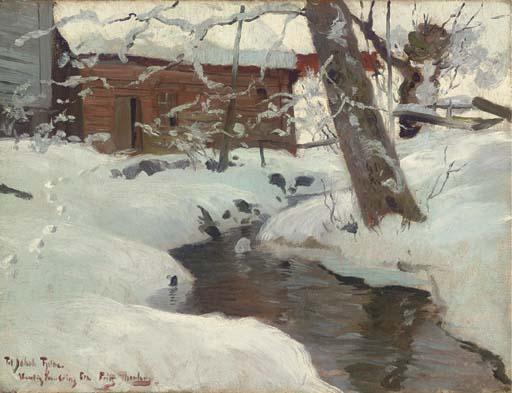 Wikioo.org - The Encyclopedia of Fine Arts - Painting, Artwork by Frits Thaulow - A Snow-covered Cottage by a Stream