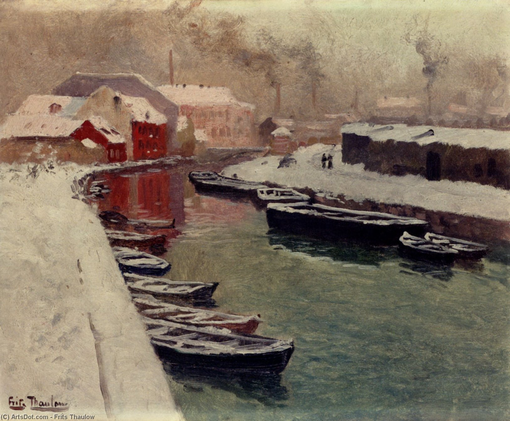 Wikioo.org - The Encyclopedia of Fine Arts - Painting, Artwork by Frits Thaulow - A Snowy Harbor View