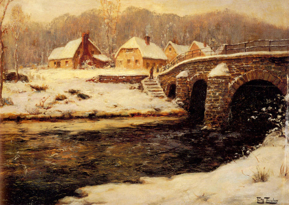 Wikioo.org - The Encyclopedia of Fine Arts - Painting, Artwork by Frits Thaulow - A Stone Bridge Over a Stream in Winter