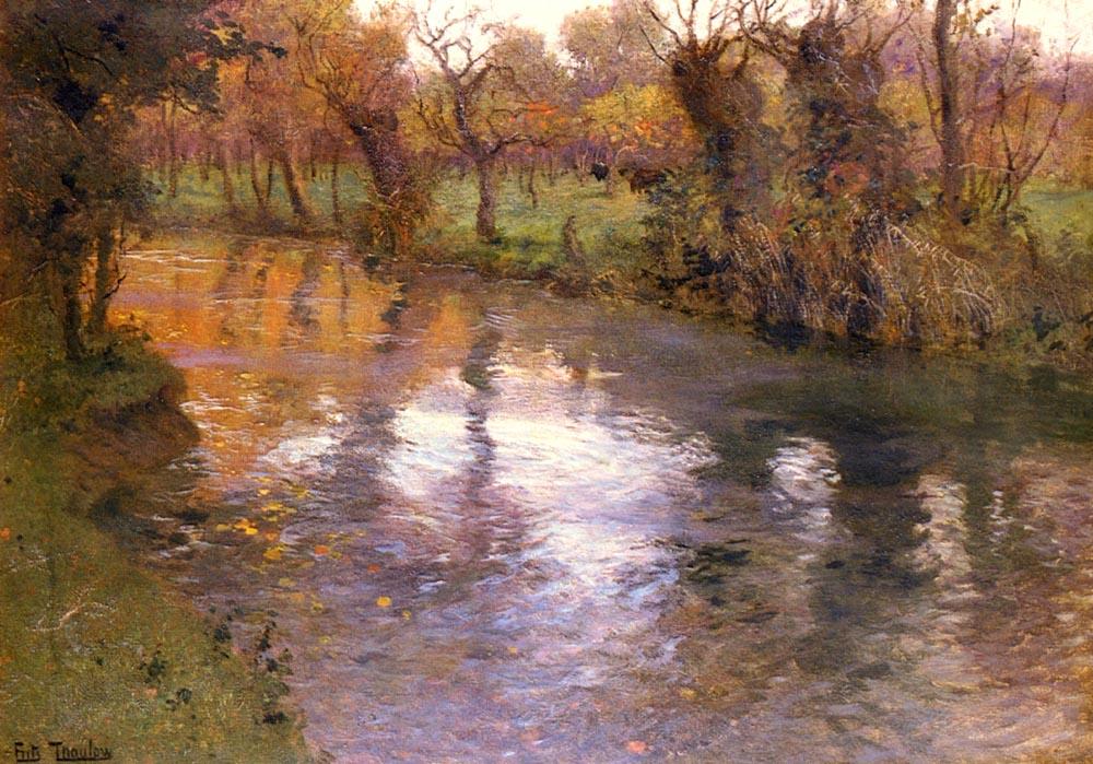 Wikioo.org - The Encyclopedia of Fine Arts - Painting, Artwork by Frits Thaulow - An Orchard on the Banks of a River