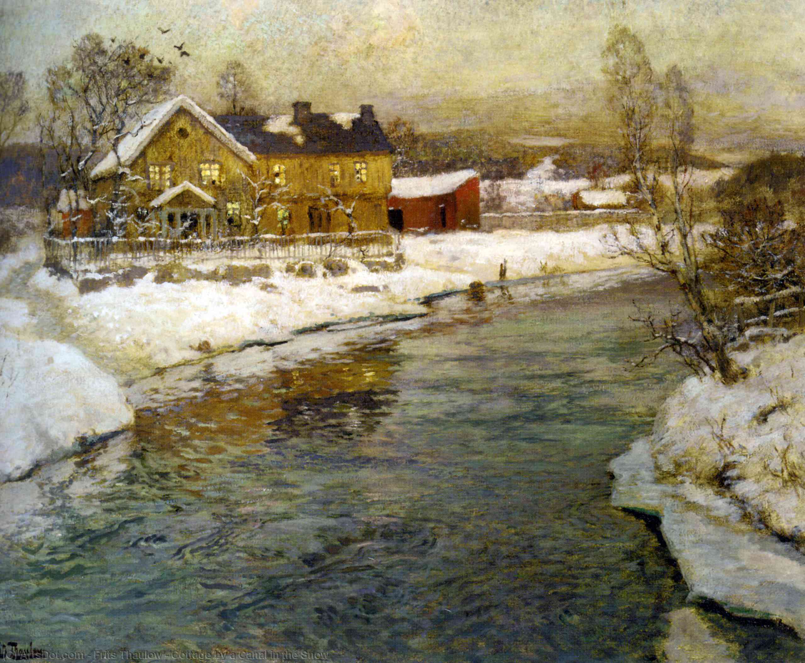 Wikioo.org - The Encyclopedia of Fine Arts - Painting, Artwork by Frits Thaulow - Cottage by a Canal in the Snow