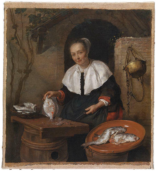 Wikioo.org - Bách khoa toàn thư về mỹ thuật - Vẽ tranh, Tác phẩm nghệ thuật Gabriel Metsu - A Woman Cleaning Fish