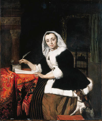 Wikioo.org - The Encyclopedia of Fine Arts - Painting, Artwork by Gabriel Metsu - An elegant lady writing at her desk, with a dog beside her