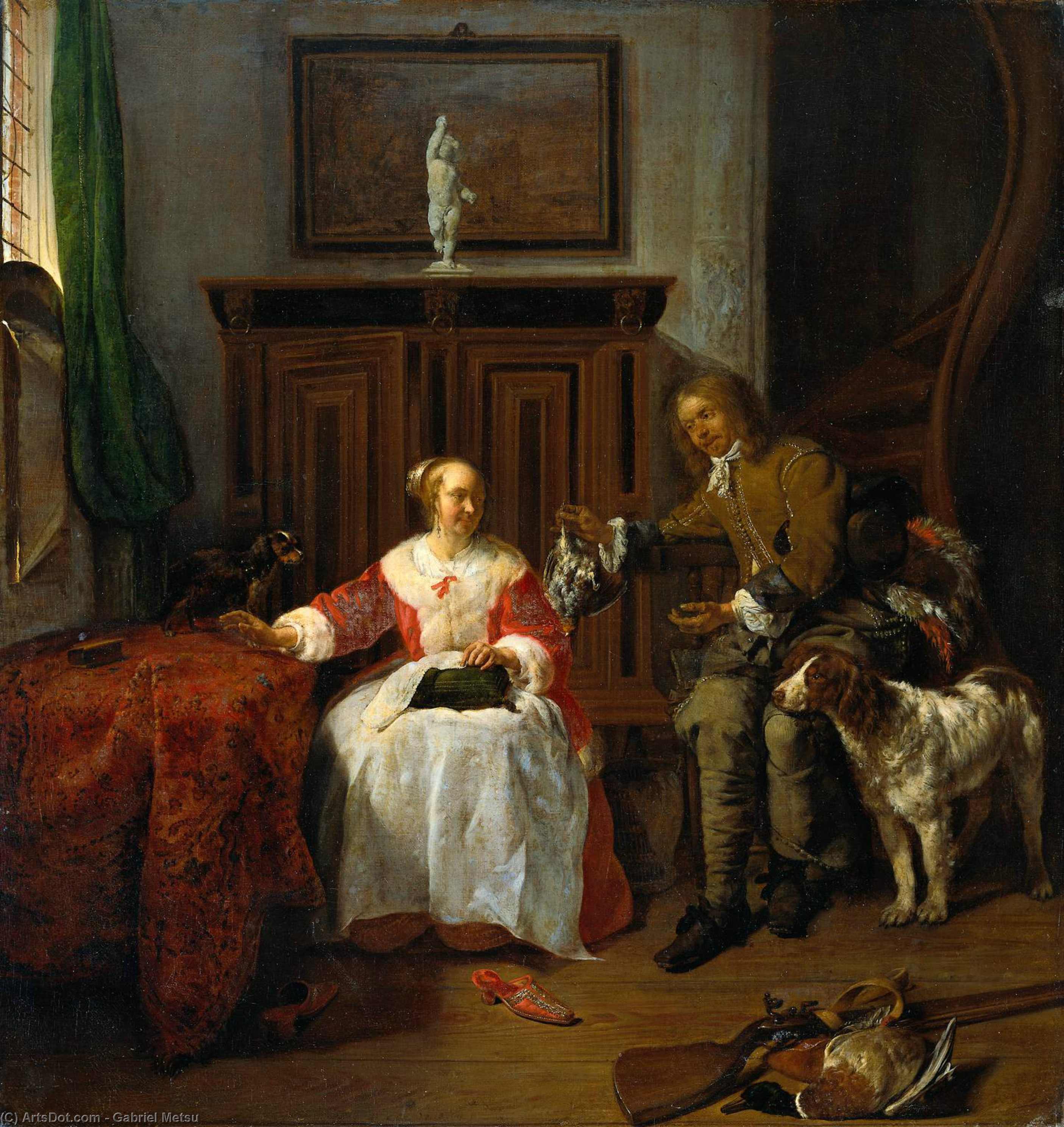 Wikioo.org - The Encyclopedia of Fine Arts - Painting, Artwork by Gabriel Metsu - The Hunter's Present