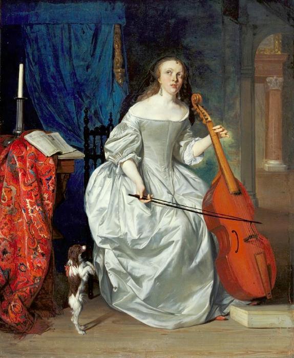 Wikioo.org - The Encyclopedia of Fine Arts - Painting, Artwork by Gabriel Metsu - Woman Playing the Viola da Gamba