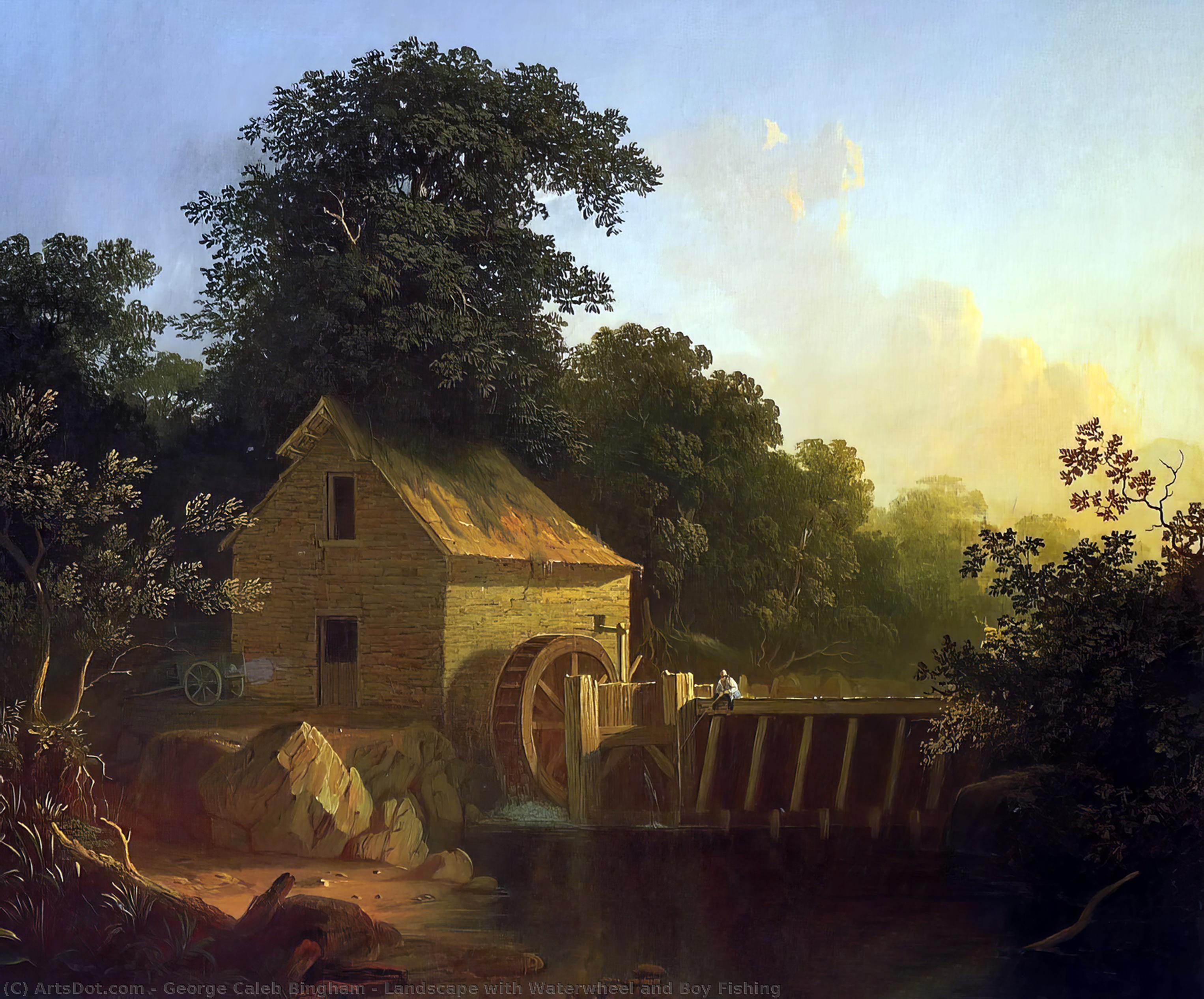 Wikioo.org - The Encyclopedia of Fine Arts - Painting, Artwork by George Caleb Bingham - Landscape with Waterwheel and Boy Fishing