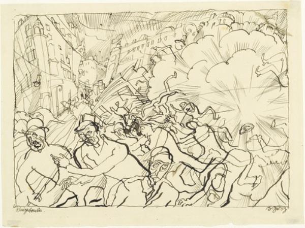 Wikioo.org - The Encyclopedia of Fine Arts - Painting, Artwork by George Grosz - Air Attack (Fliegerbombe)