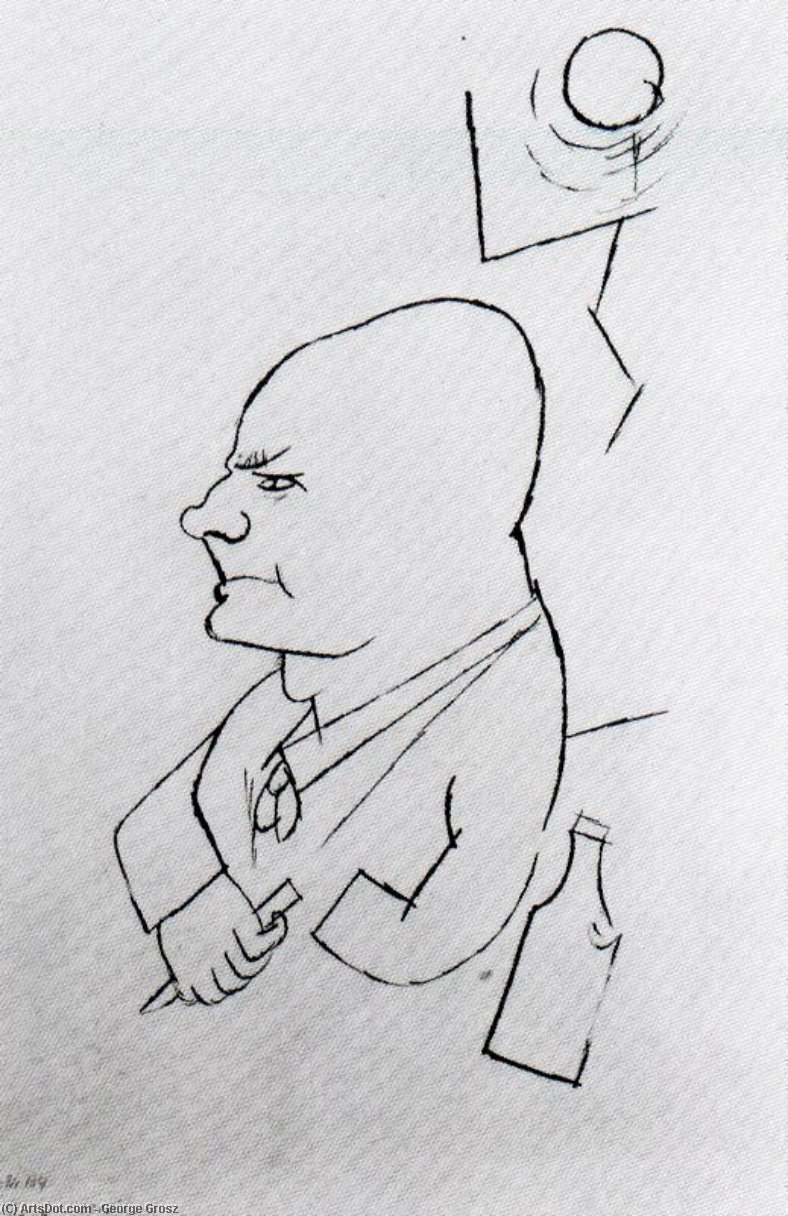 Wikioo.org - Encyklopedia Sztuk Pięknych - Malarstwo, Grafika George Grosz - Dada-drawing ''Man with a knife, bottle and Moon''