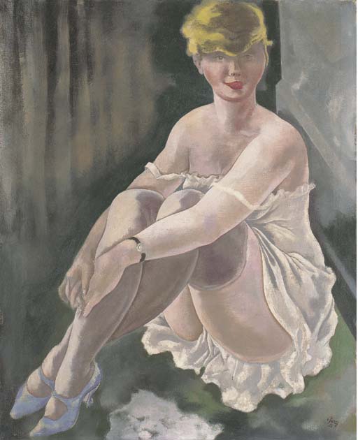 Wikioo.org - The Encyclopedia of Fine Arts - Painting, Artwork by George Grosz - Lotte Schmalhausen sitting on the table, with legs drawn up