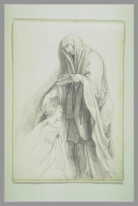 Wikioo.org - The Encyclopedia of Fine Arts - Painting, Artwork by George Romney - Femme voilée posant sa main droite sur la tête d'une autre femme agenouillée