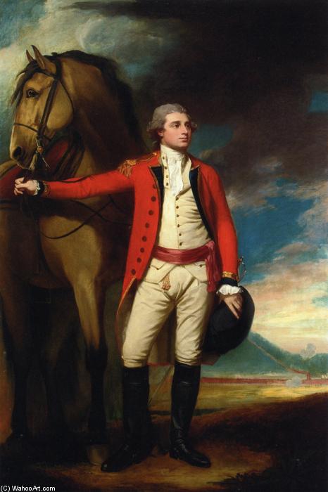 WikiOO.org - Encyclopedia of Fine Arts - Maalaus, taideteos George Romney - Portrait of Major James Harelty, Full-Length, in Uniform, Holding His Horse, a Formation of Soldiers Beyond