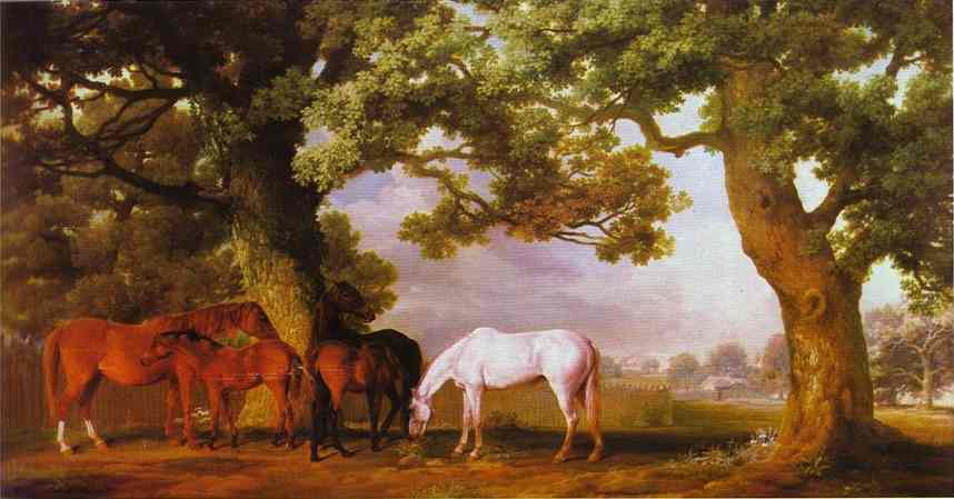 Wikioo.org - The Encyclopedia of Fine Arts - Painting, Artwork by George Stubbs - Mares and Foals in a Wooded Landscape