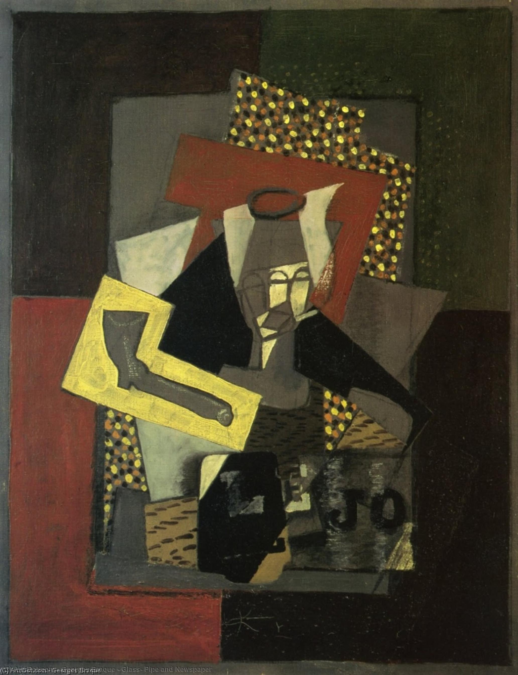 Wikioo.org - Bách khoa toàn thư về mỹ thuật - Vẽ tranh, Tác phẩm nghệ thuật Georges Braque - Glass, Pipe and Newspaper
