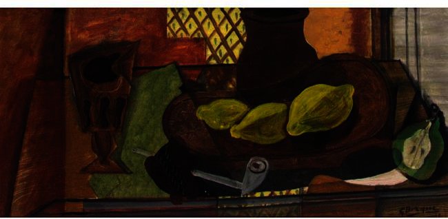 Wikioo.org - Bách khoa toàn thư về mỹ thuật - Vẽ tranh, Tác phẩm nghệ thuật Georges Braque - Glass, Pipe, Lemon and Pear Cut
