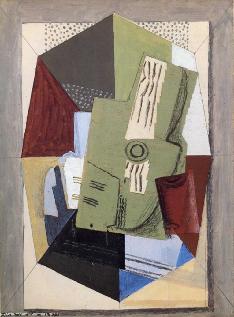 WikiOO.org - Encyclopedia of Fine Arts - Maľba, Artwork Georges Braque - Guitar and Sheet Music on Table