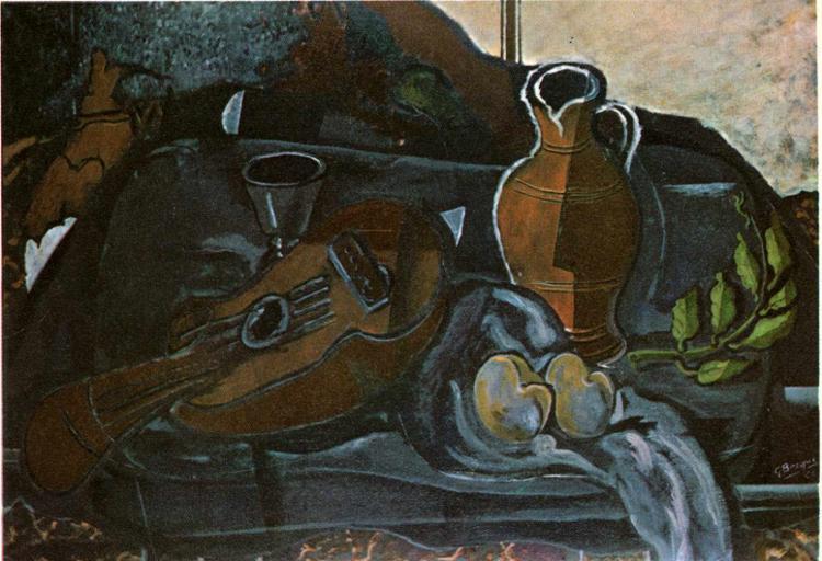 WikiOO.org - Encyclopedia of Fine Arts - Malba, Artwork Georges Braque - Mandolin, Glass, Pot and Fruit
