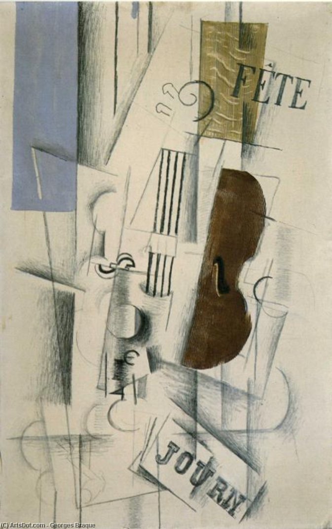 Wikoo.org - موسوعة الفنون الجميلة - اللوحة، العمل الفني Georges Braque - Violin and Newspaper (Musical Forms)