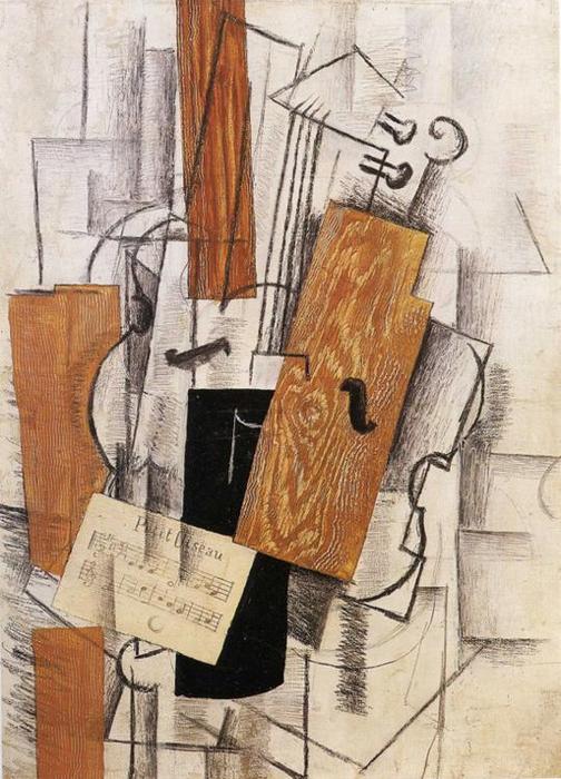 WikiOO.org - Encyclopedia of Fine Arts - Festés, Grafika Georges Braque - Violin and Sheet Music on a Table (Petit Oiseau)