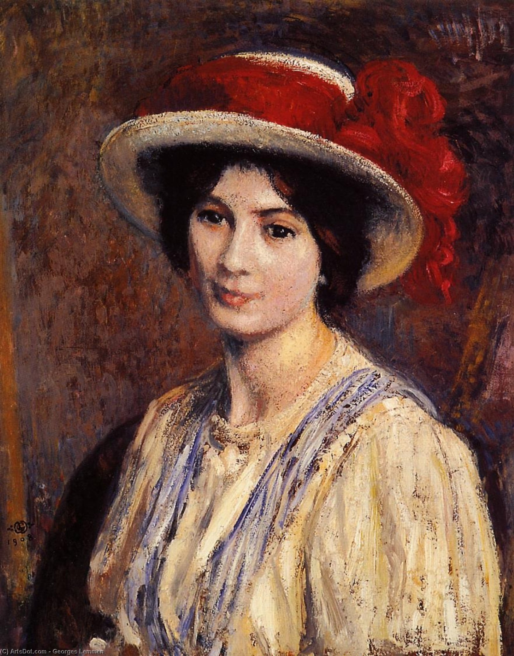 Wikioo.org - The Encyclopedia of Fine Arts - Painting, Artwork by Georges Lemmen - Hat with a Red Ribbon
