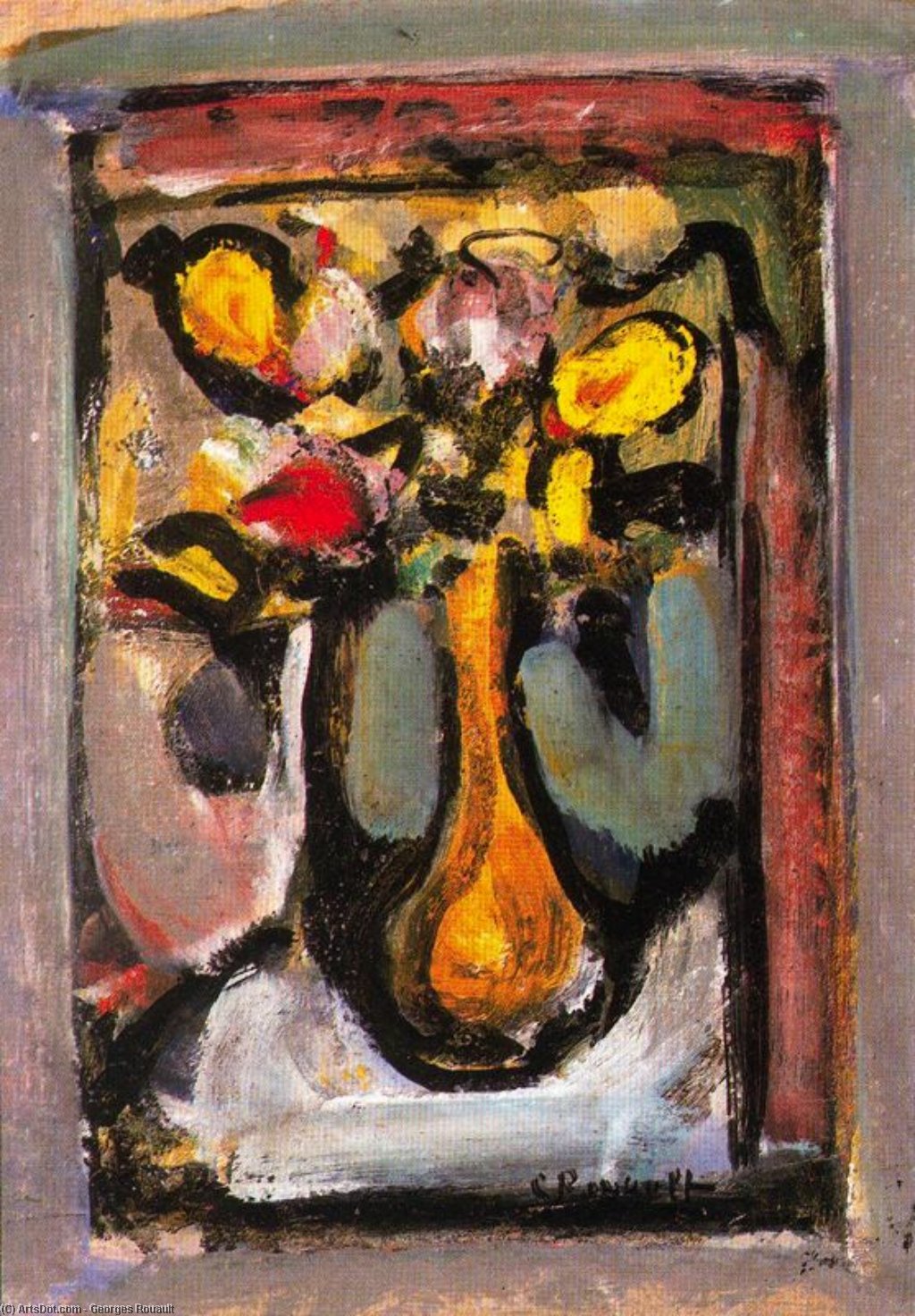 Wikioo.org - The Encyclopedia of Fine Arts - Painting, Artwork by Georges Rouault - Bouquet of yellow flowers in a glass