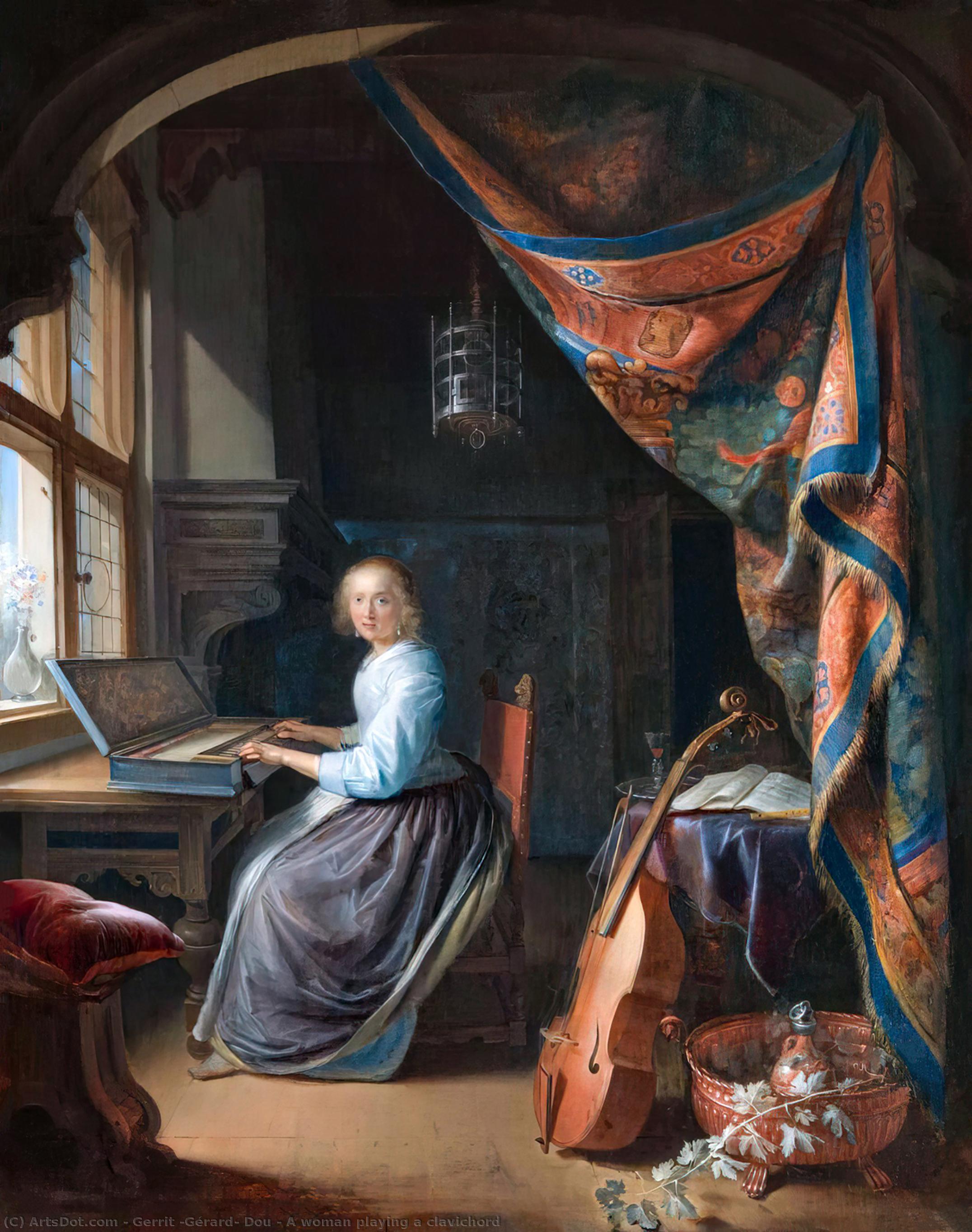 Wikioo.org - The Encyclopedia of Fine Arts - Painting, Artwork by Gerrit (Gérard) Dou - A woman playing a clavichord