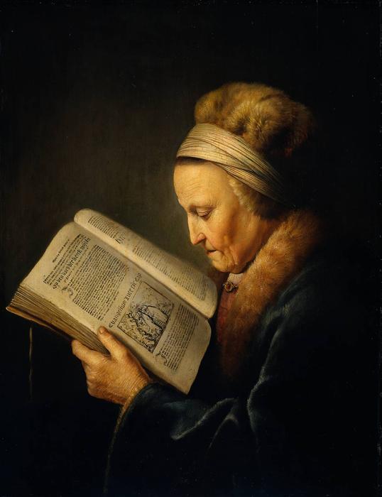 Wikioo.org - The Encyclopedia of Fine Arts - Painting, Artwork by Gerrit (Gérard) Dou - Old Woman Reading a Lectionary