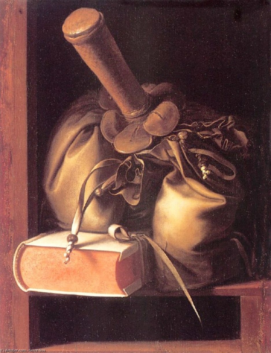 Wikioo.org - The Encyclopedia of Fine Arts - Painting, Artwork by Gerrit (Gérard) Dou - Still Life with Book and Purse