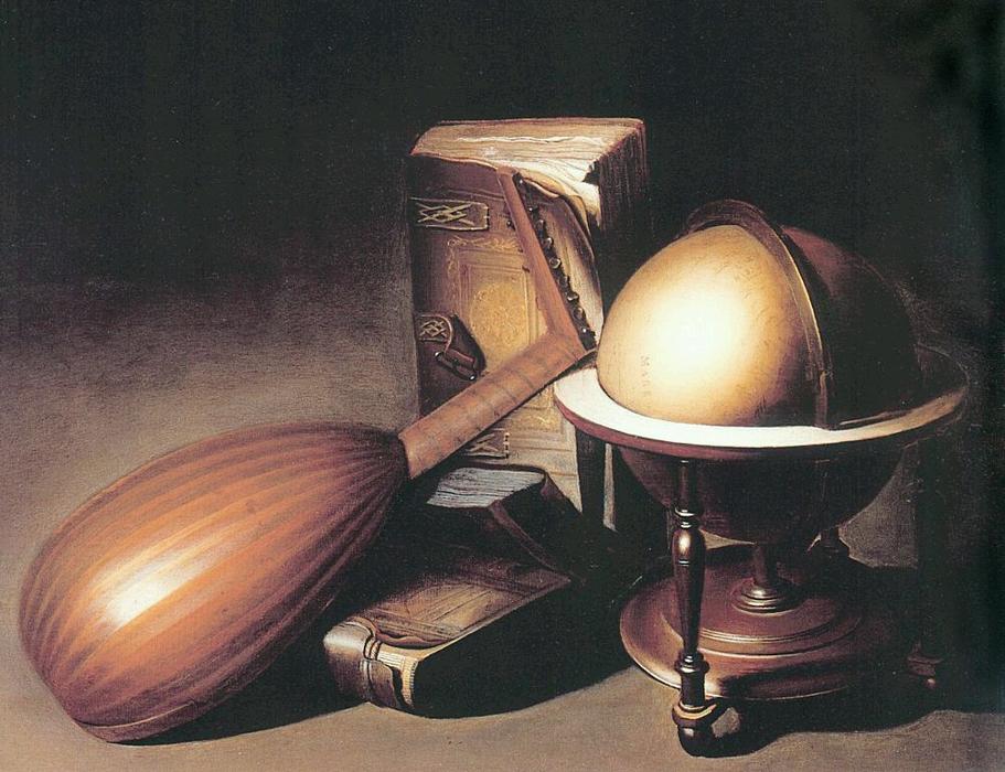 Wikioo.org - The Encyclopedia of Fine Arts - Painting, Artwork by Gerrit (Gérard) Dou - Still Life with Globe, Lute, and Books