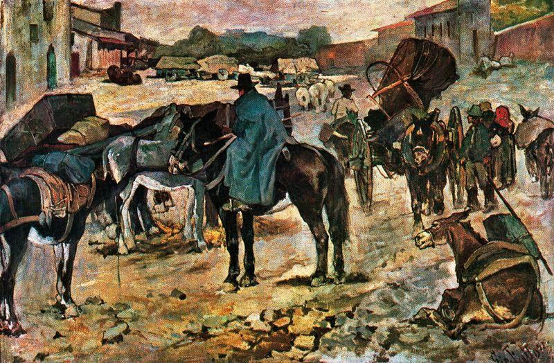 Wikioo.org - The Encyclopedia of Fine Arts - Painting, Artwork by Giovanni Fattori - Country road with farmers and quadrupeds